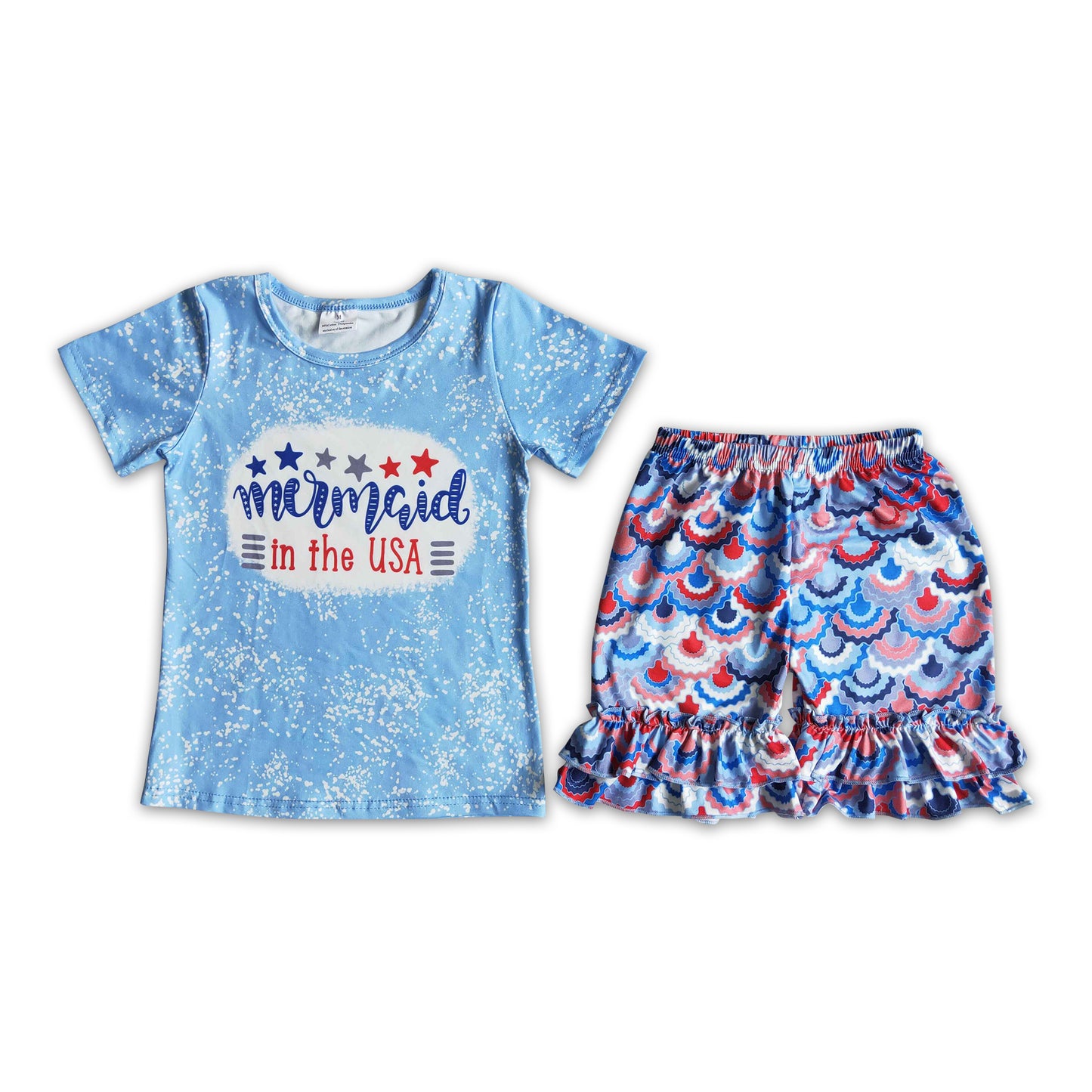 RTS NO MOQ Baby Girls Summer Sets D13-19 4th of July Mermaid USA Short Sleeve Shorts Sets