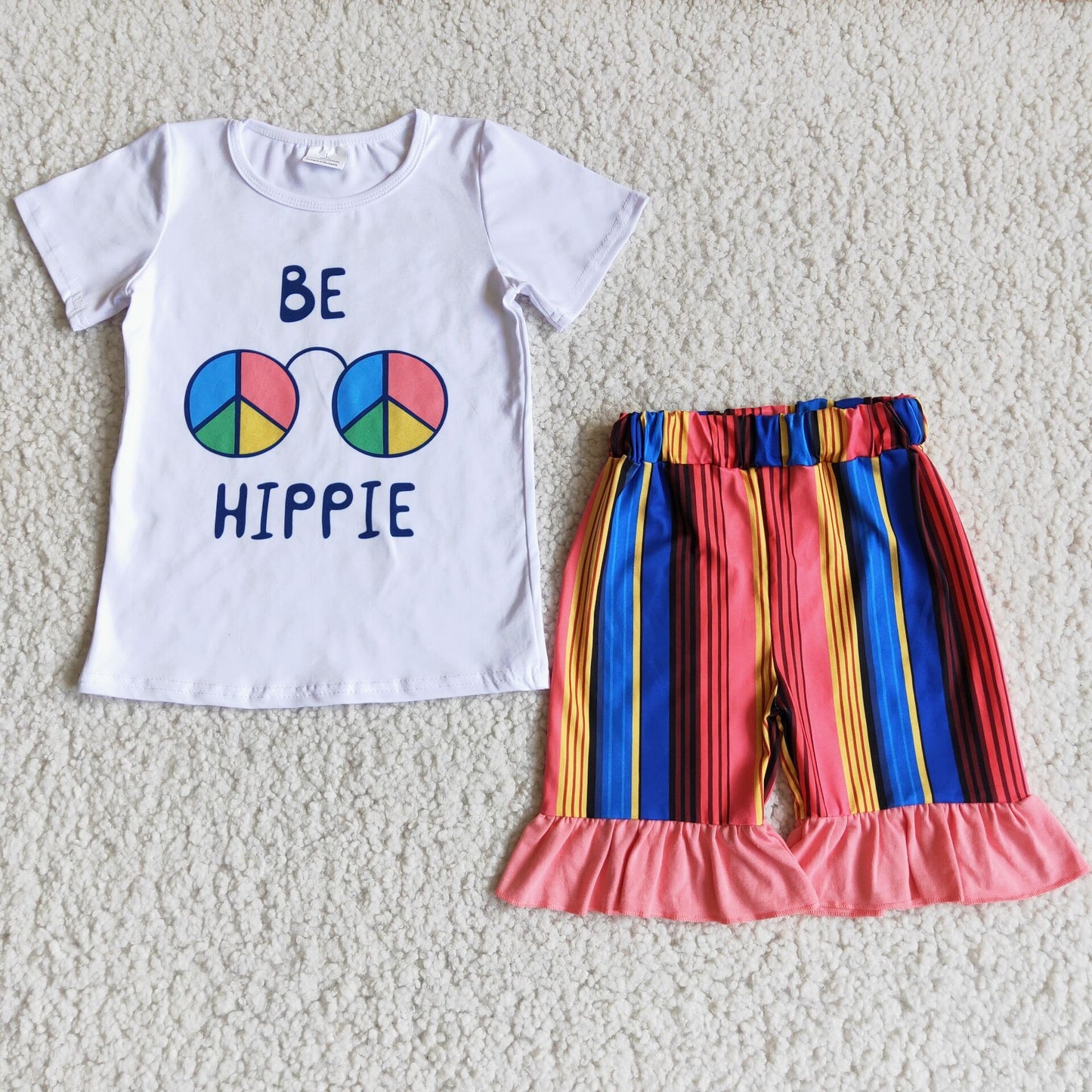 6.14 RTS NO MOQ Baby Girls Summer Sets D2-27 HIPPIE White Shirt Colorful Stripes Shorts Sets