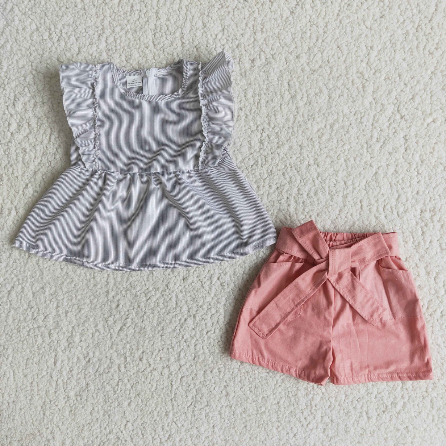 6.28 RTS NO MOQ Baby Girls Summer Sets D3-1 Stripes Flutter Sleeves Tunic Ruffle Shorts Sets