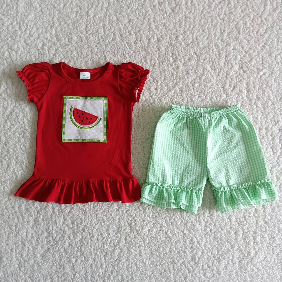 7.26 RTS NO MOQ Baby Girls Summer Sets D5-11 Watermelon Plaid Short Sleeve Outfits