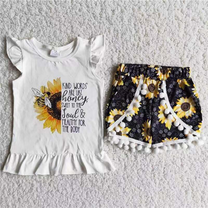 6.28 RTS NO MOQ Baby Girls Summer Sets D7-26 Sunflower Pompom Shorts Sets