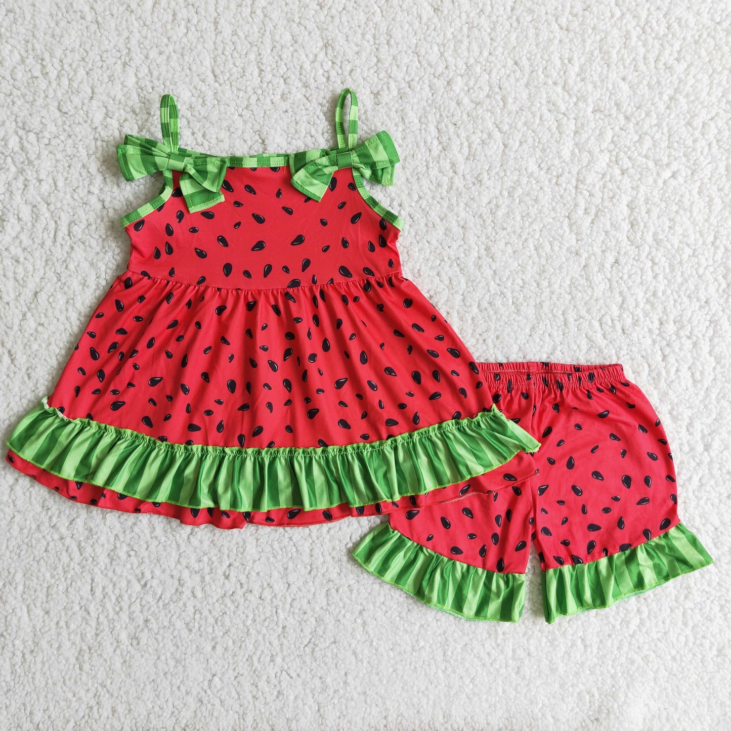 7.19 RTS NO MOQ Baby Girls Summer Sets D7-30 Watermelon Tunic Ruffle Seeds Shorts Sets