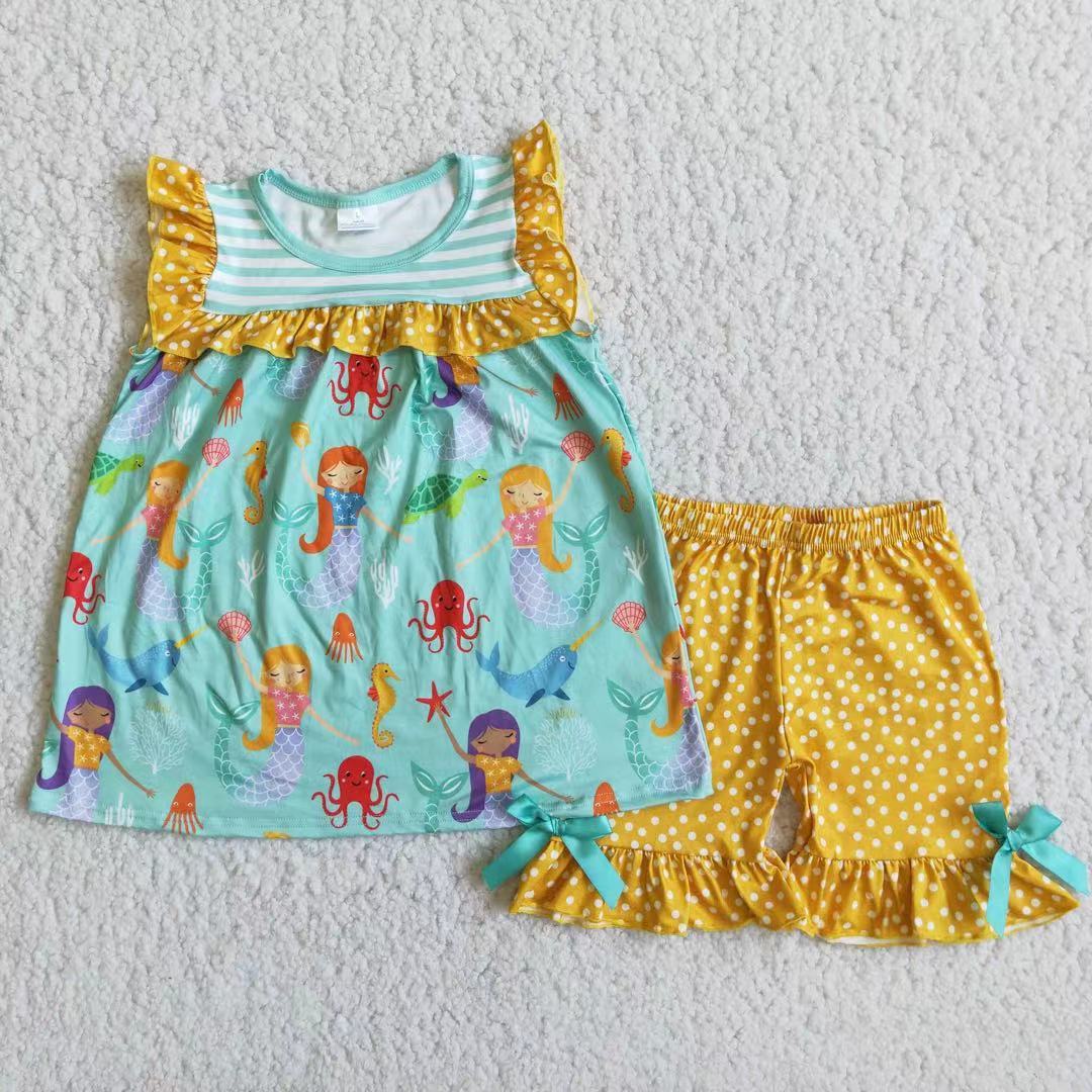 7.12 RTS NO MOQ Baby Girls Summer Sets D9-11 Mermaid Tunic Ruffle Shorts Sets