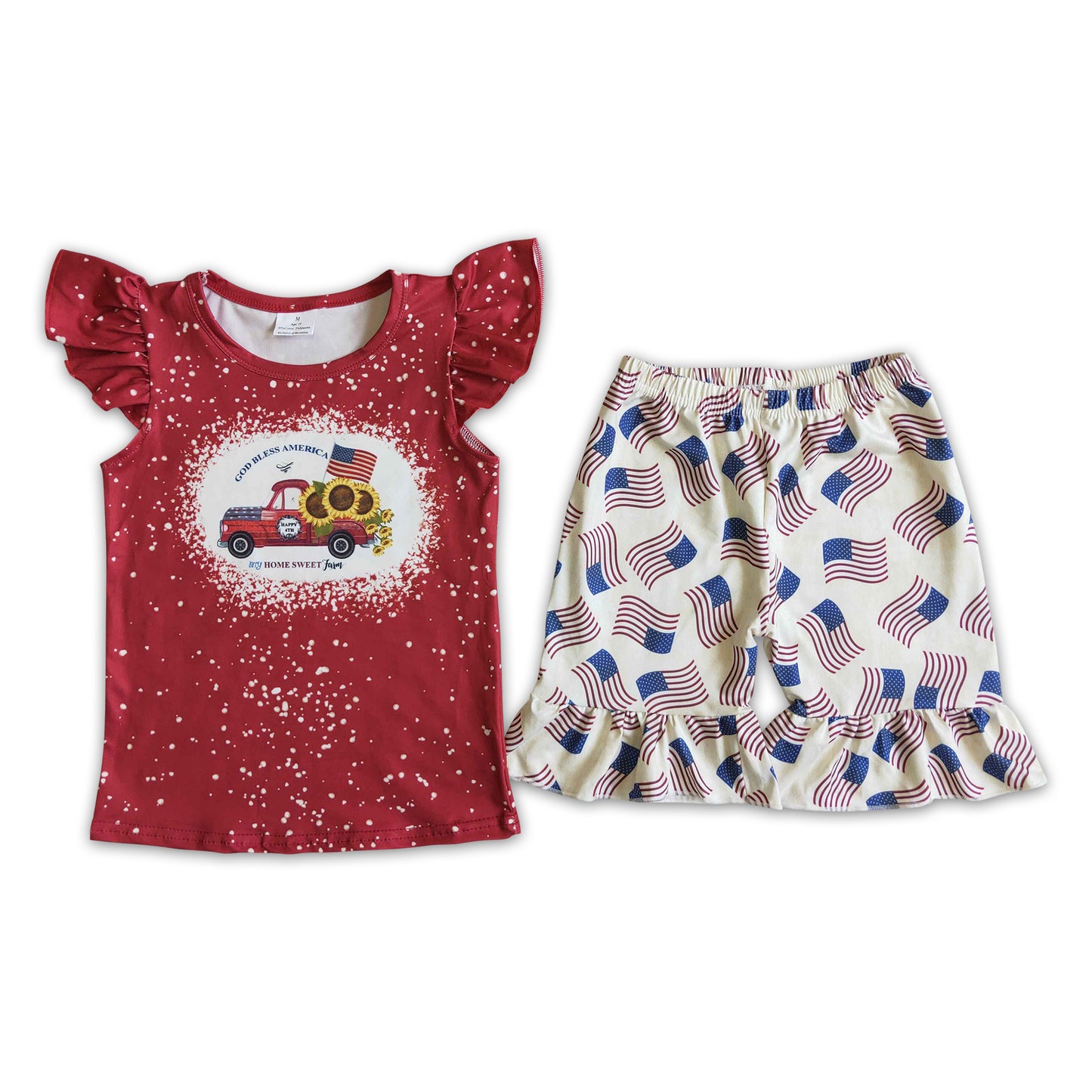 RTS NO MOQ Baby Boys Summer Sets D9-19 Sunflower Flag Tractor Red Top Ruffle Shorts 4th of July Outfits