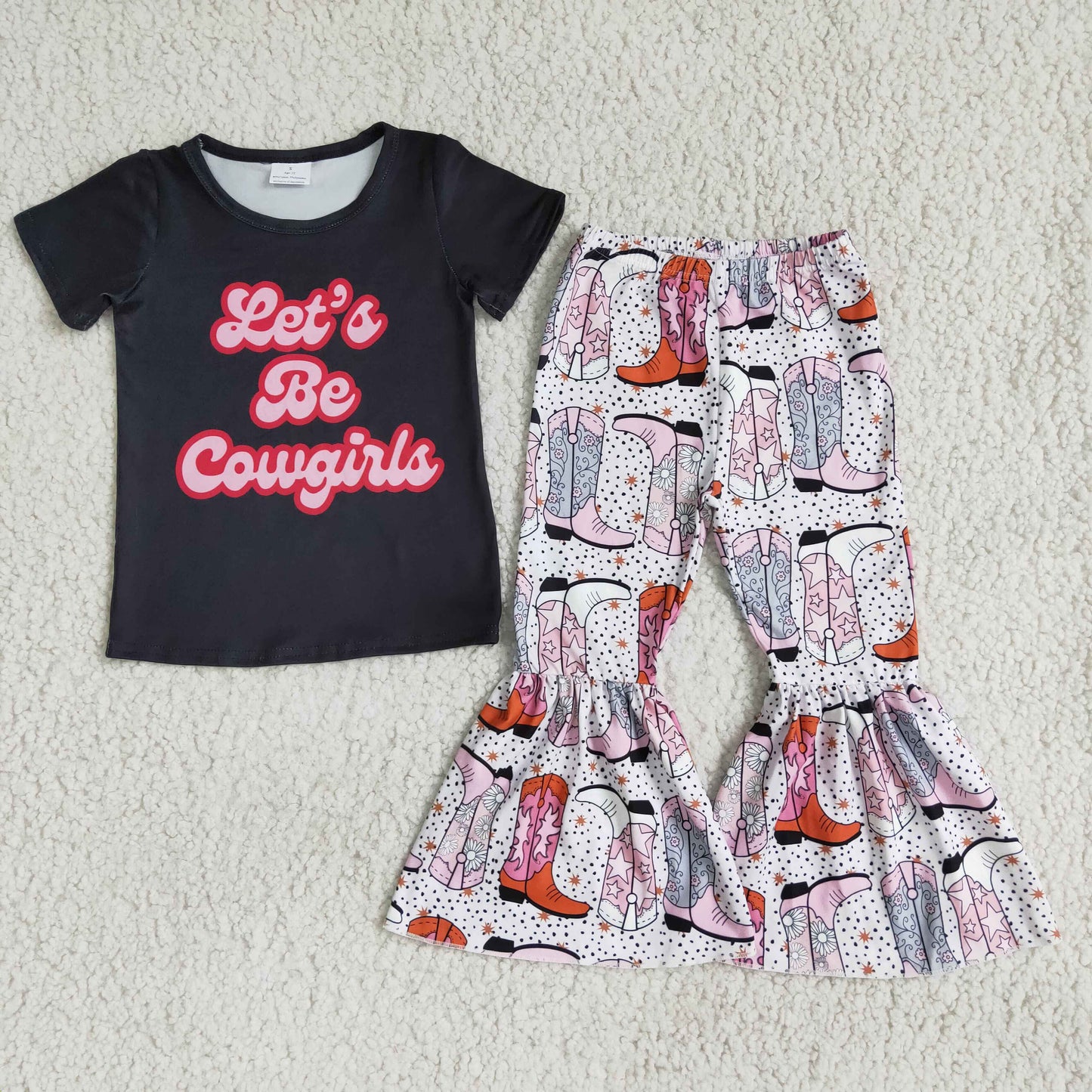 RTS NO MOQ Baby Girls Summer Sets E1-14 Let's Be cowgirls Boots Bell Bottom Pants Sets