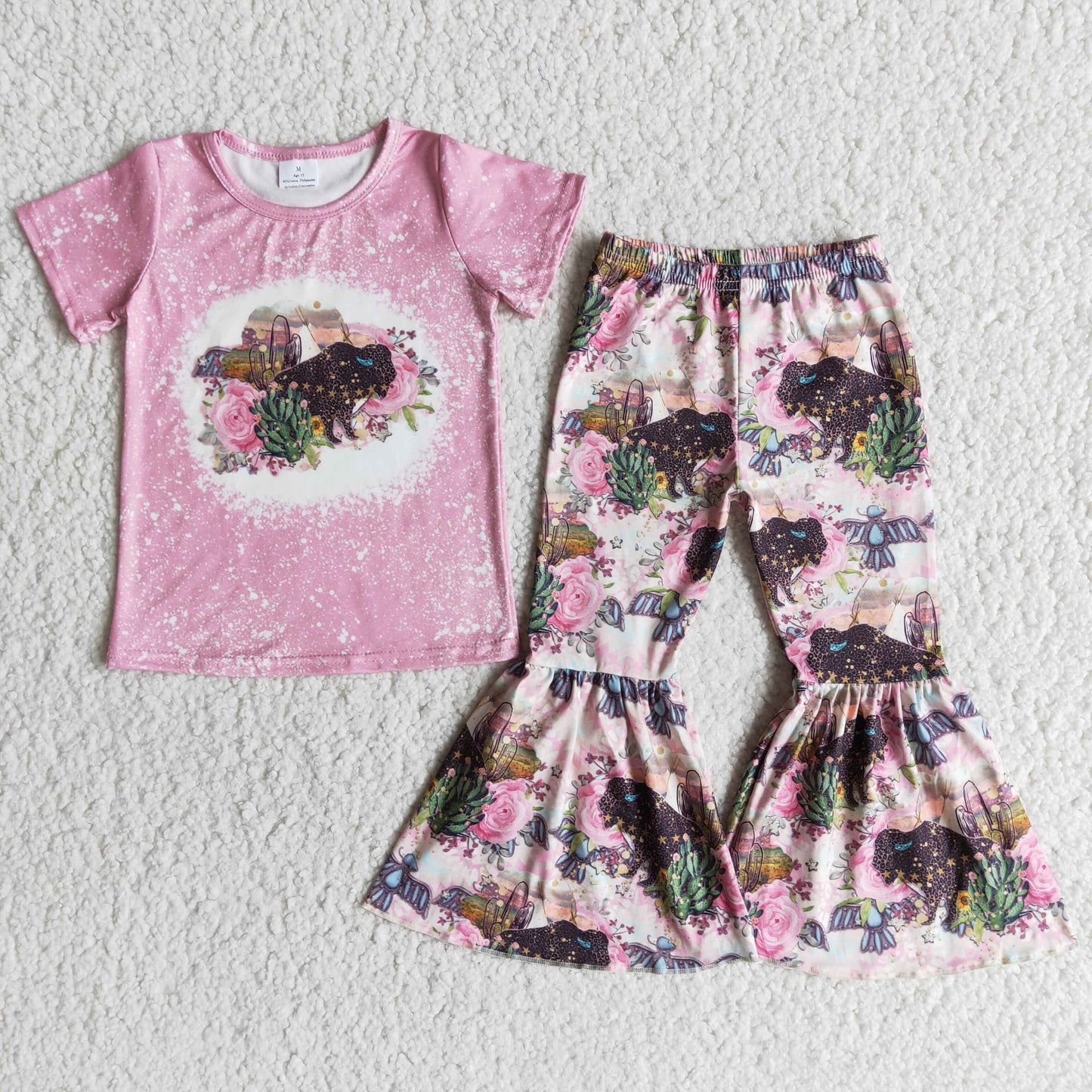 RTS NO MOQ Baby Girls Summer Sets E12-15 Cactus Cow Floral Print Shirt Bell Bottom Pants Sets