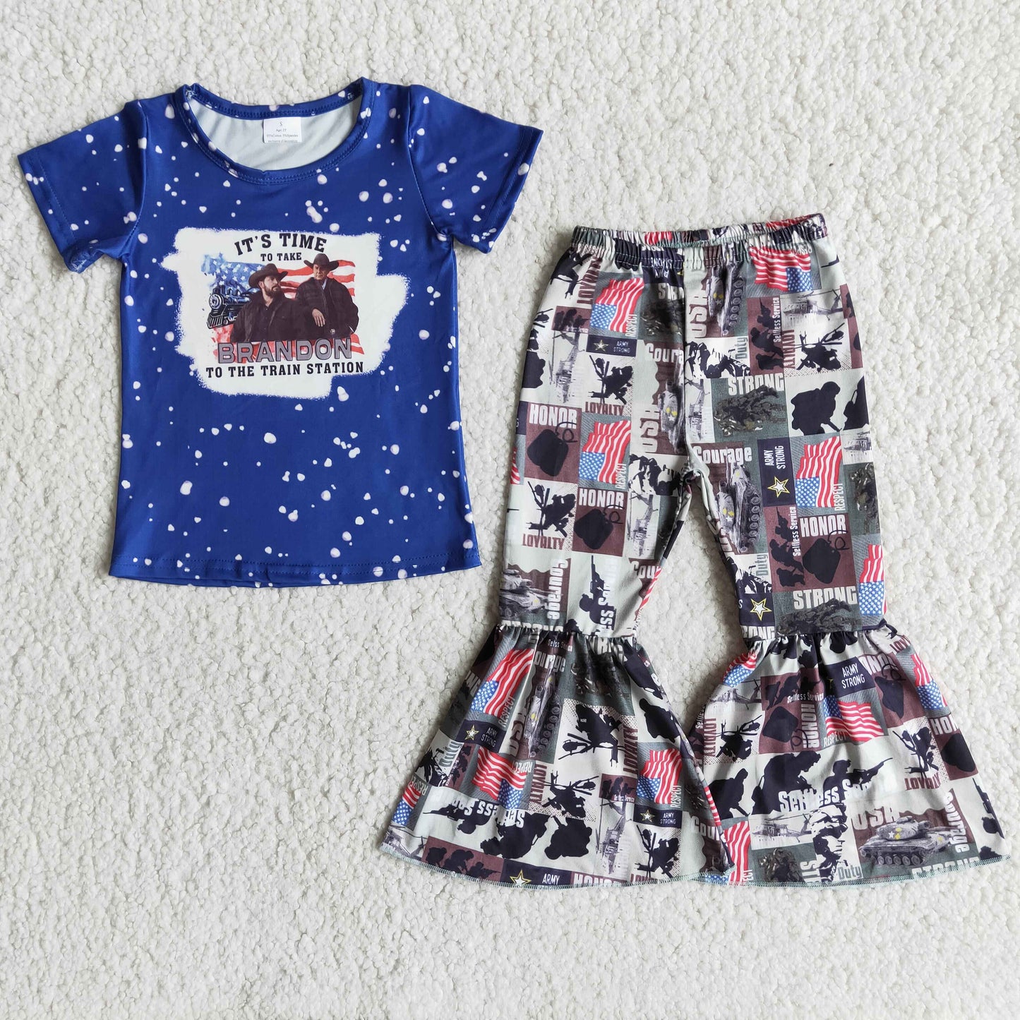RTS NO MOQ Baby Girls Summer Sets E13-12 Train Station Shirt Bell Bottom Pants Clothing Sets