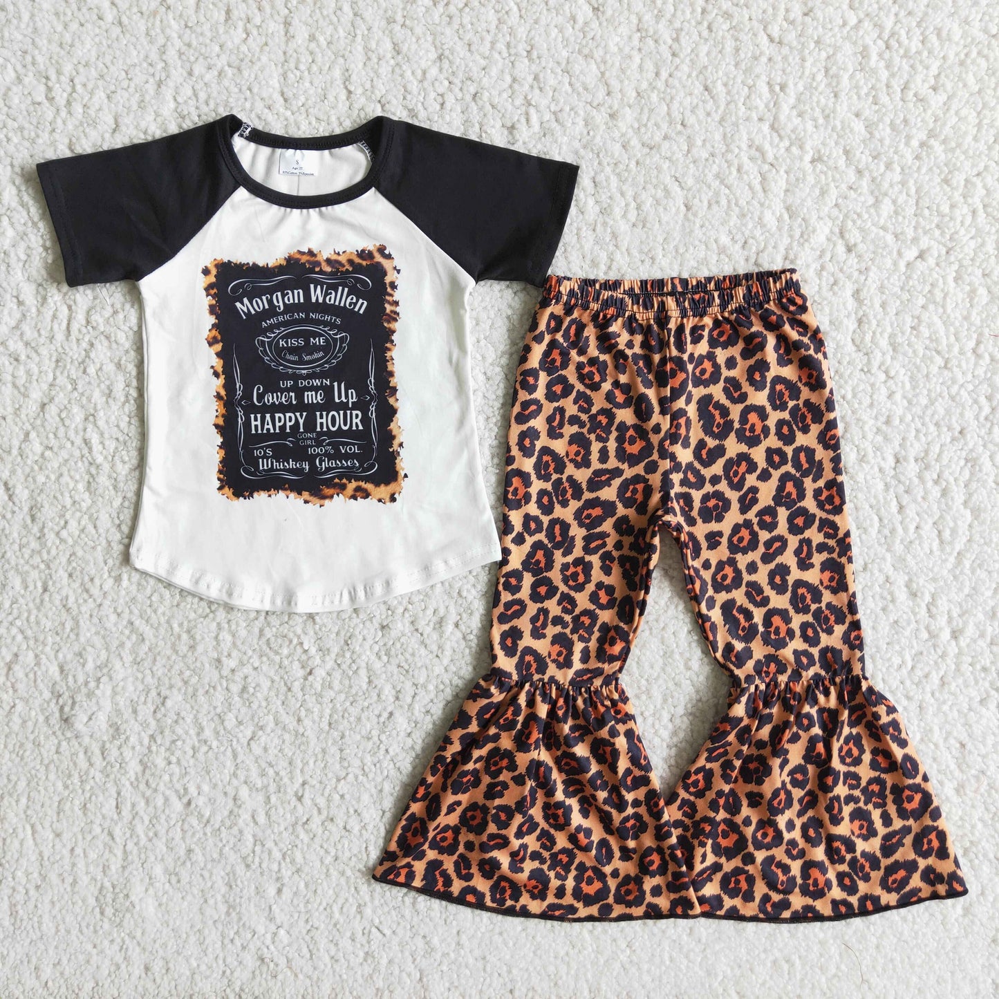 RTS NO MOQ Baby Girls Summer Sets E2-20 Black Short Sleeve Singer Shirt Leopard Bell Pants Clothes Sets