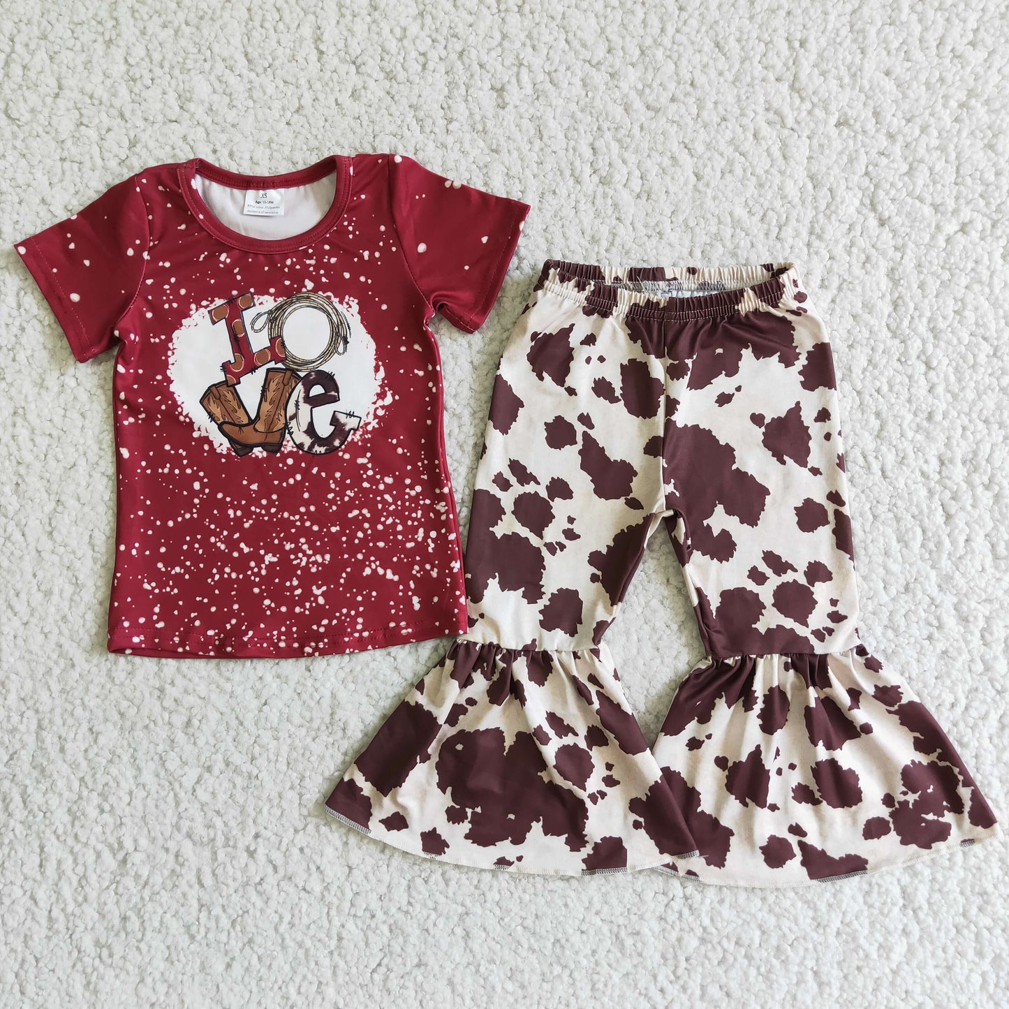 RTS NO MOQ Baby Girls Summer Sets E2-3 Love Bleached Shirt Cow Pants Clothing Sets