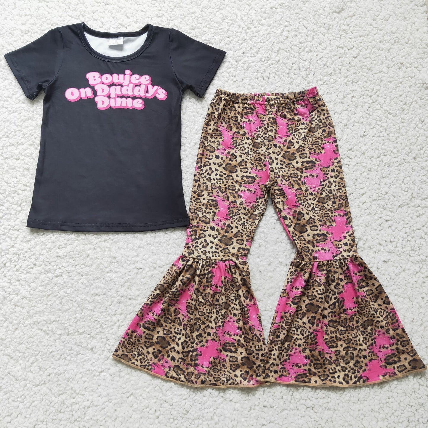 RTS NO MOQ Baby Girls Summer Sets E4-16 Daddy's Dime Black Shirt Leopard Pants Sets