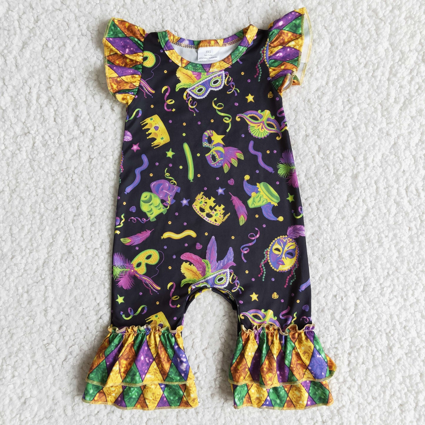 RTS Promotion Baby Girl Short Sleeves Masks Mardi Gras Romper