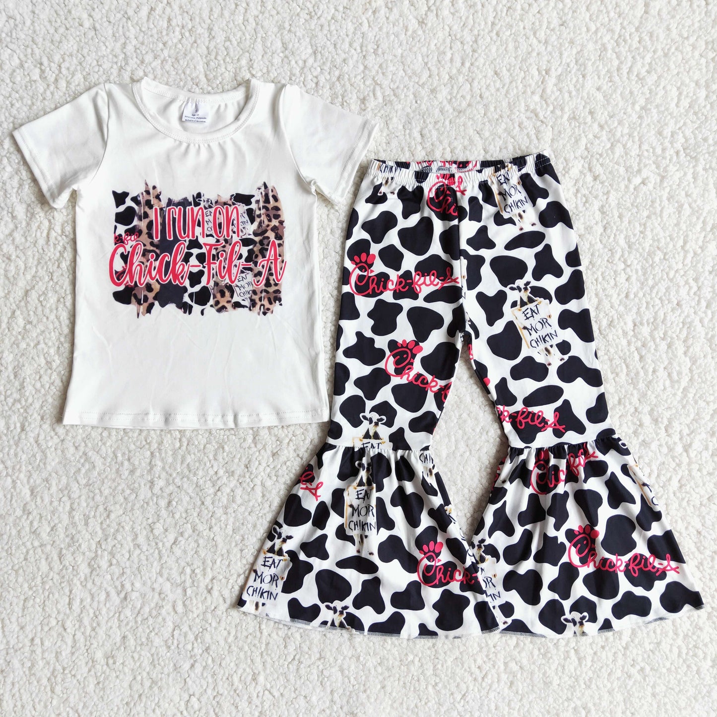 RTS NO MOQ Baby Girls Summer Sets E7-2 White short-sleeved shirt cow print bell bottoms French fries outfit set