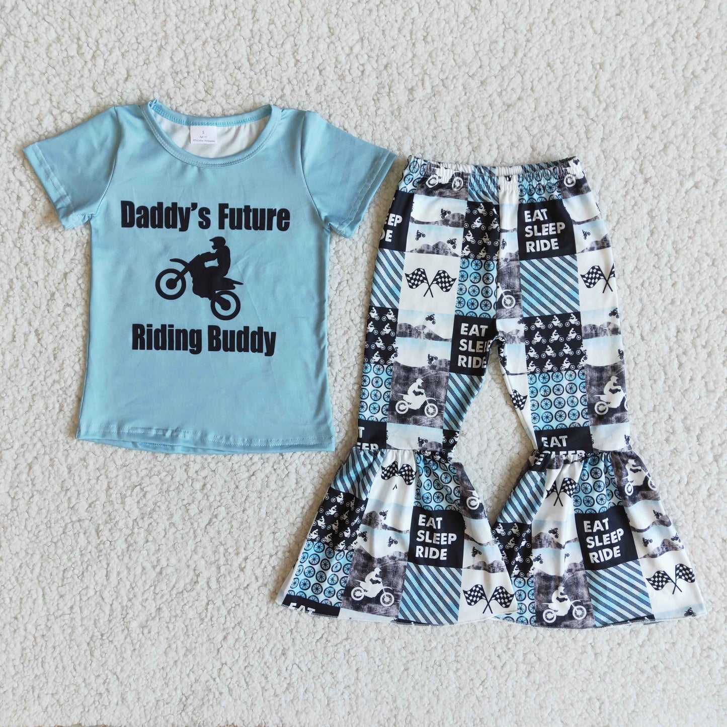 RTS NO MOQ Baby Girls Summer Sets E8-18 Daddy's Future Riding Buddy Patchwork Bell Bottom Pants