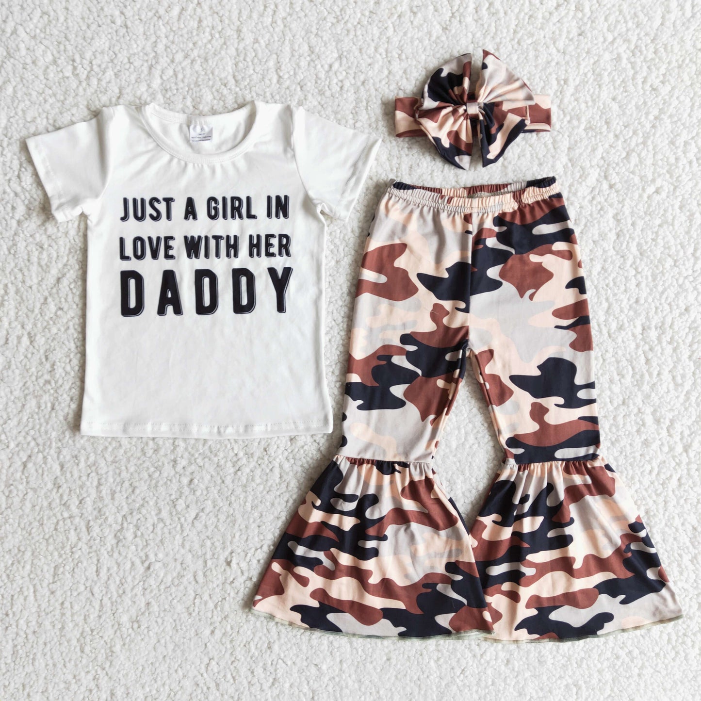 RTS NO MOQ Baby Girls Summer Sets E8-20 Just A Girl In Love With Her Daddy Camo Bell Bottom Pants