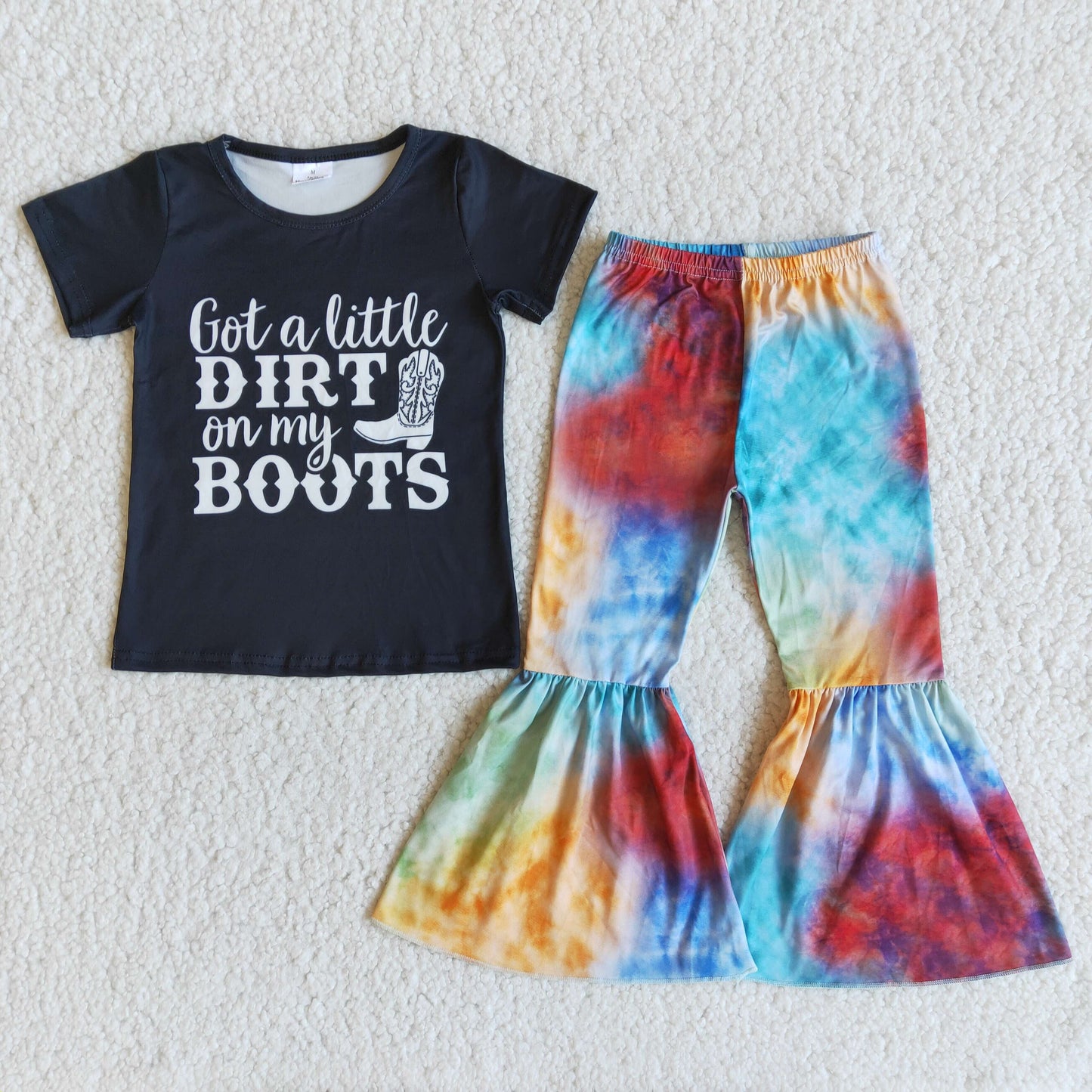 RTS NO MOQ Baby Girls Summer Sets E9-29 got a little dirt on my boots western tie dye pants sets