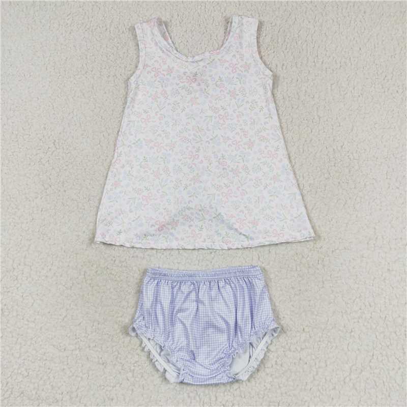 RTS NO MOQ Baby Girls Summer Outifts Bows Flowers Sleeveless Tunic Top Bummies Clothes Sets