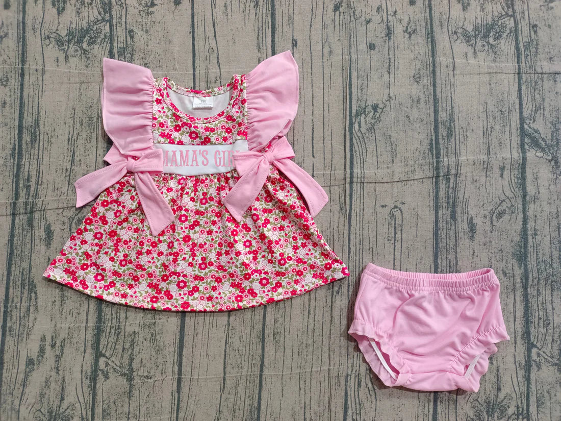 ( No moq ) Preorder Baby Girls Kids Short Sleeves Embroidery Mama's Girl Flower Tunic Pink Shorts Set