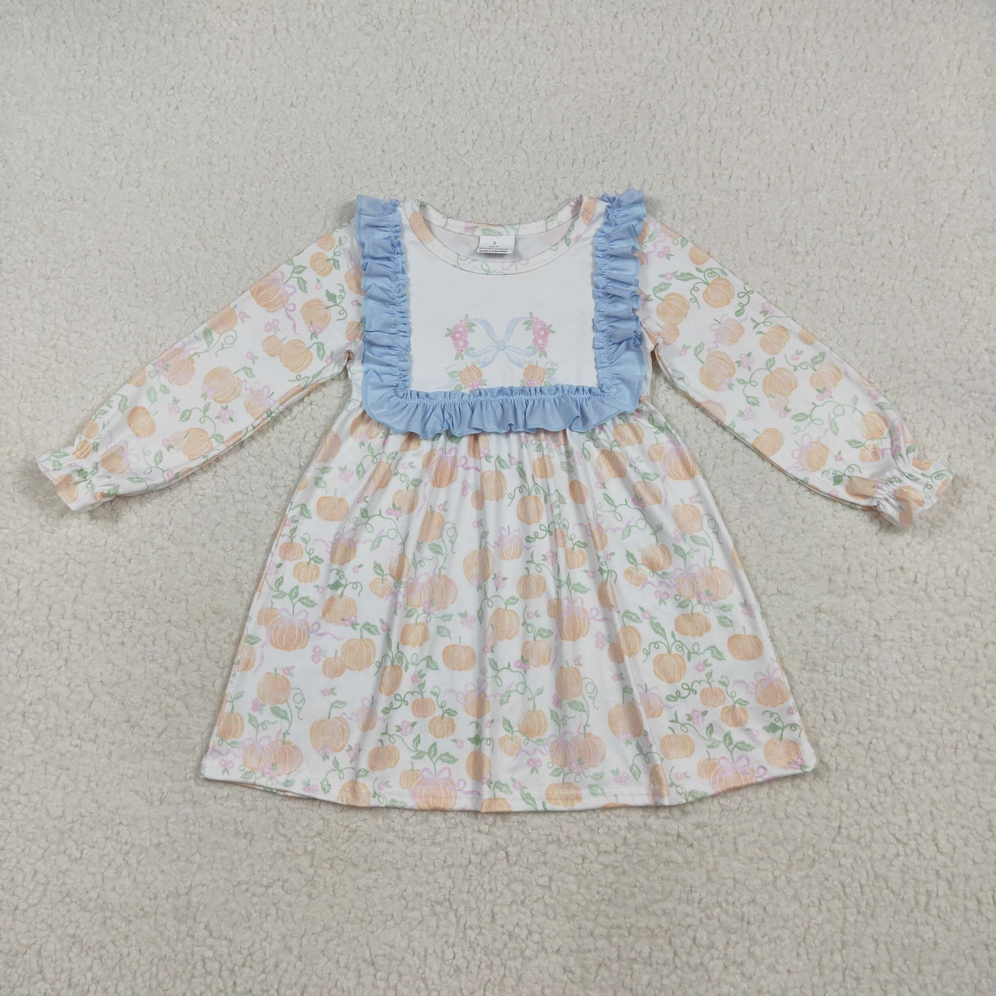 7.18 RTS NO MOQ Baby Girls Long Sleeve GLD1084 Long Ruffle Sleeves Light Blue Pumpkins Knee Length Dresses