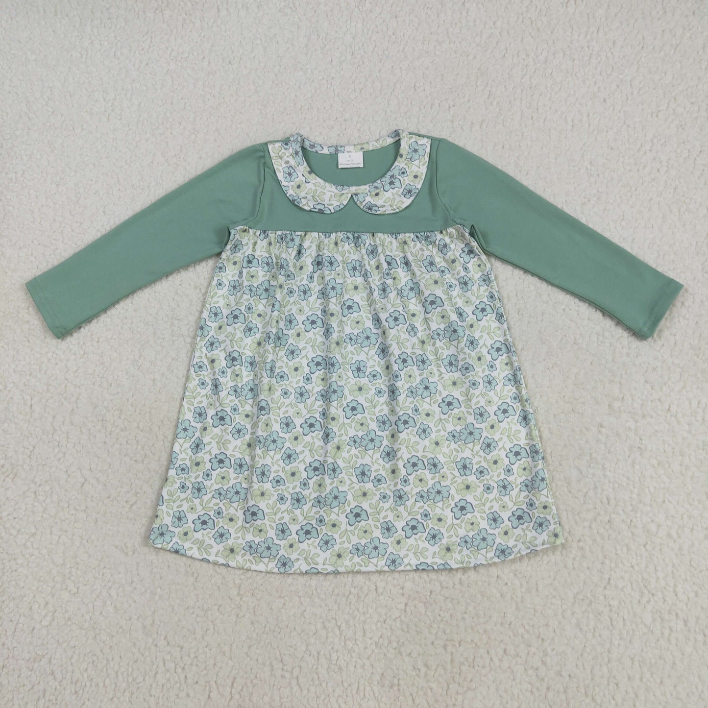 7.23 RTS NO MOQ Baby Girls Long Sleeve GLD1087 Green Long Sleeves Flowers Knee Length Dresses
