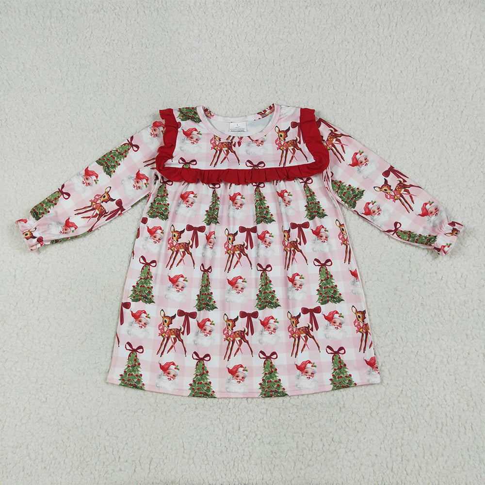6.28 RTS NO MOQ Baby Girls Long Sleeve GLD1092 Christmas Santa Trees Bib Knee Length Dresses