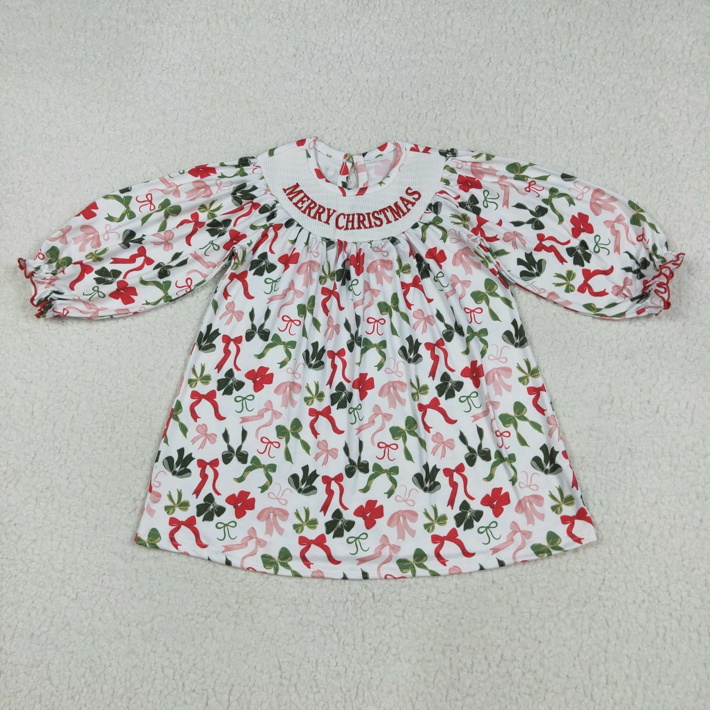 7.29 RTS NO MOQ Summer Baby Girls Dresses GLD1094 Smocked Embroidery Merry Christmas Colorful Bows Knee Length Dresses