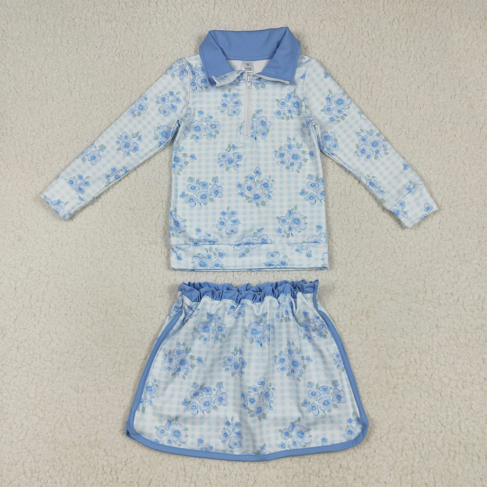 7.15 RTS NO MOQ Baby Girls Long Sleeve Outfits GLD1097 Long Sleeves Blue Flowers Plaid Zipper Top Skorts Yoga Sets
