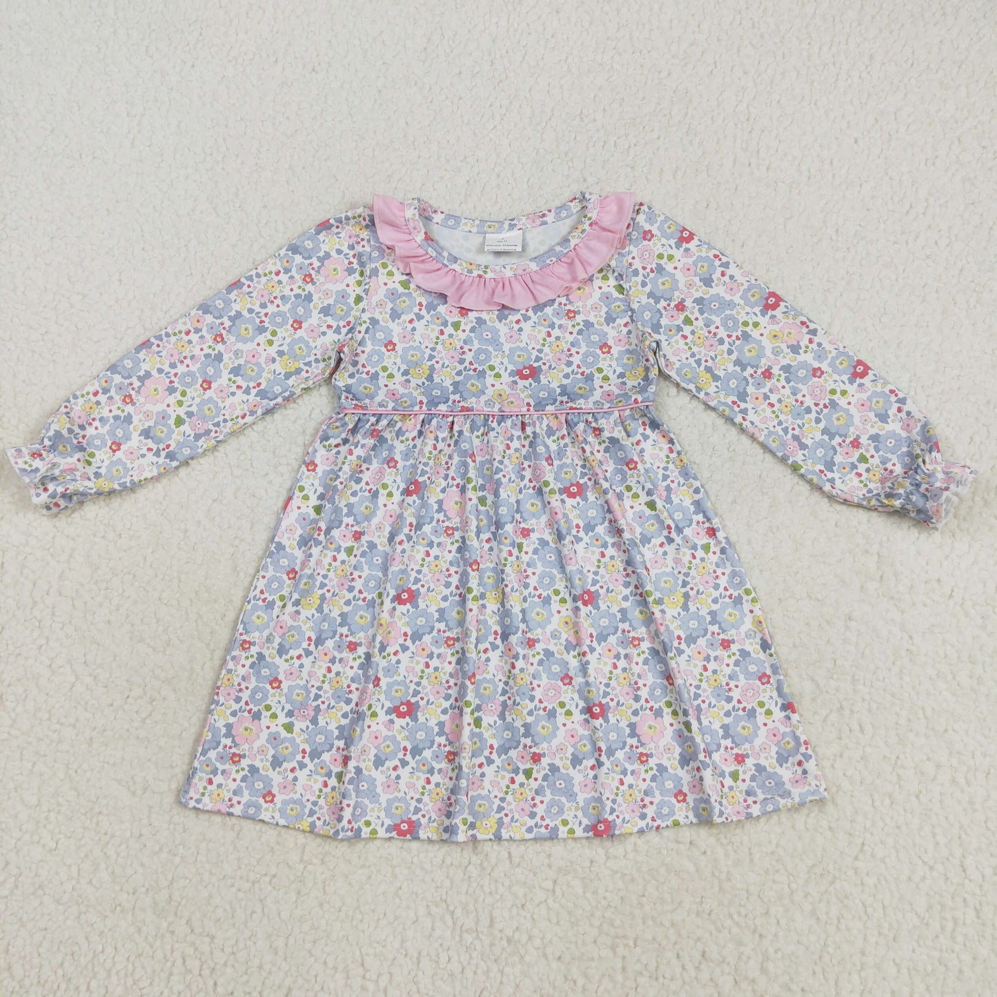 8.12 RTS NO MOQ Baby Girls Long Sleeve GLD1120 Fall Pink Blue Floral Flowers Knee Length Dresses