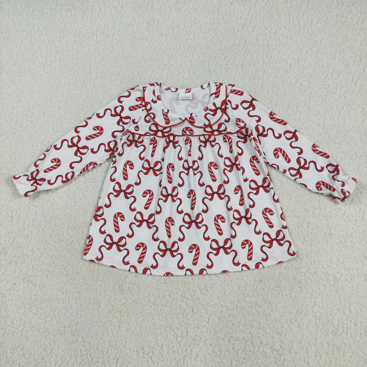 7.23 RTS NO MOQ Baby Girls Long Sleeve GLD1130 Christmas Red Bows Candy Cane Knee Length Dresses