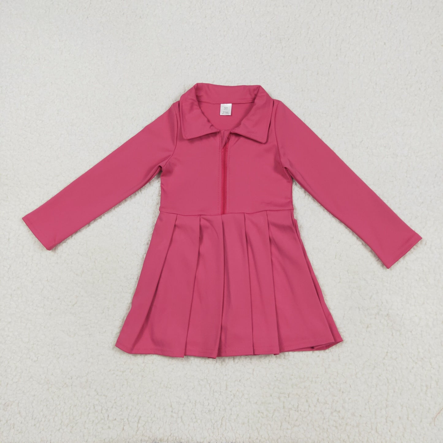 8.12 RTS NO MOQ Baby Girls Long Sleeve GLD1146 Hotpink Long Sleeves Zipper Yoga Pleated Knee Length Dresses