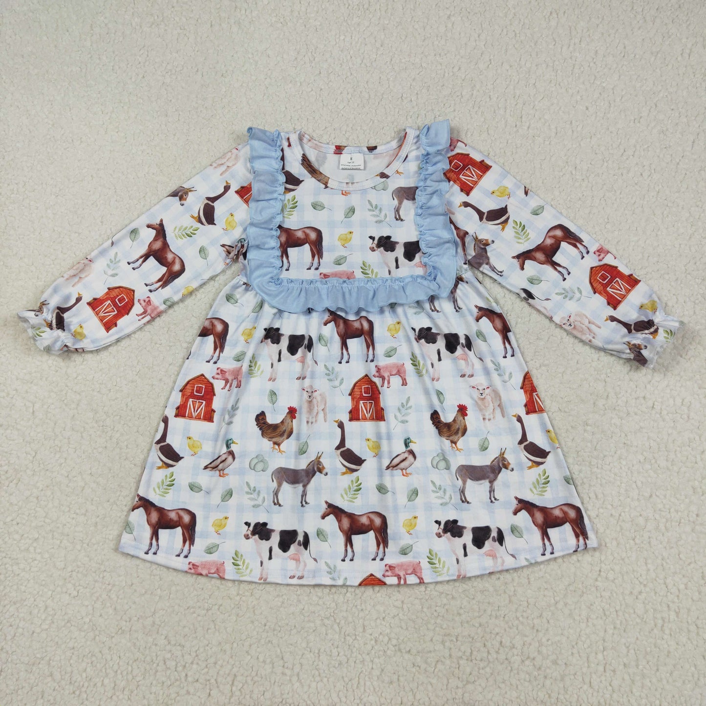 8.12 RTS NO MOQ Baby Girls Long Sleeve GLD1171 Fall Houses Chicks Farm Knee Length Dresses