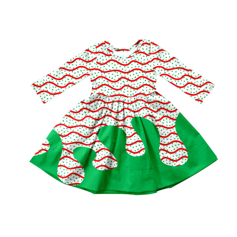 8.7 GLD1259 Baby Girls Drip Christmas Trees Print Knee Length Dresses Preorder