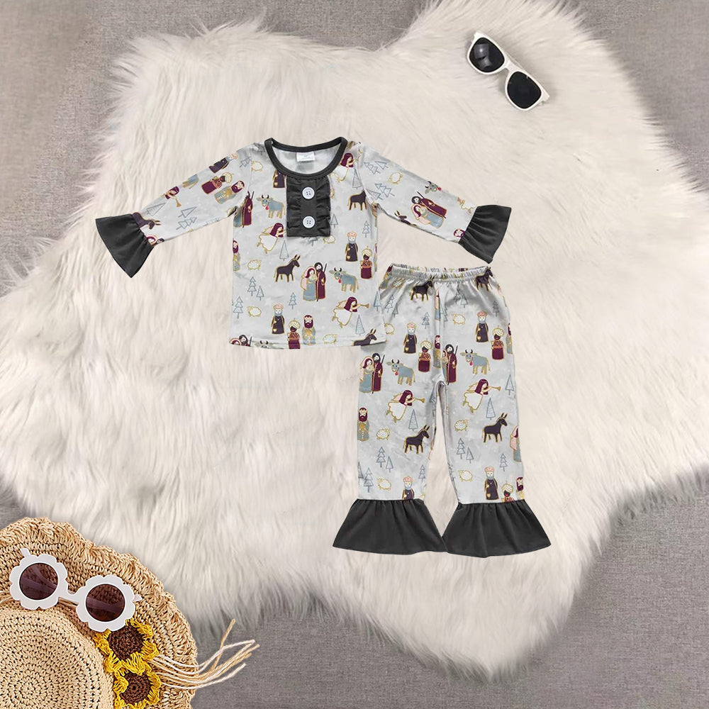 7.7 RTS NO MOQ Sibling Baby Kids Gray Christmas Nativity Pajamas Sets