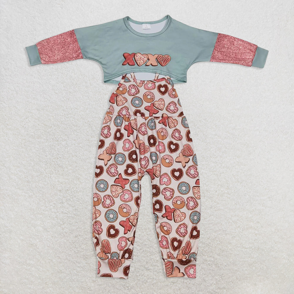 6.18 RTS NO MOQ Baby Girls Long Sleeve Outfits GLP0899 Valentines Donuts Top Jumpsuits 2pcs Clothes Sets