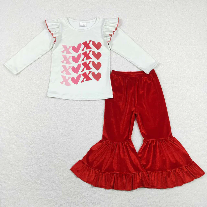 RTS NO MOQ Sibling Baby Girls Long Sleeve Sets Valentines Shirt Top Velvet Bell Pants Outfits Suits