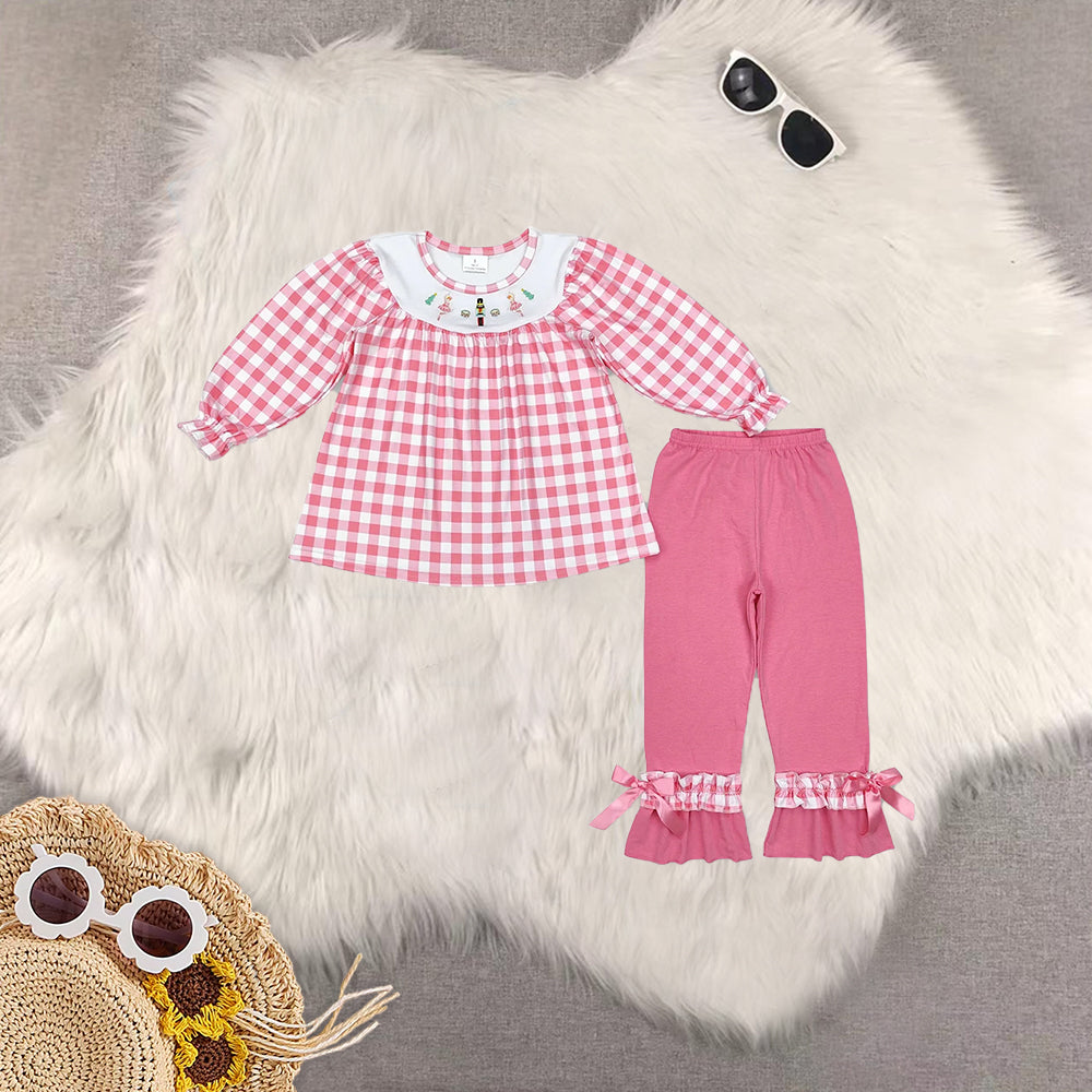 7.7 RTS NO MOQ Sibling Baby Girls Christmas Trees Soldier Tunic Ruffle Pant Outfits Clothes Sets