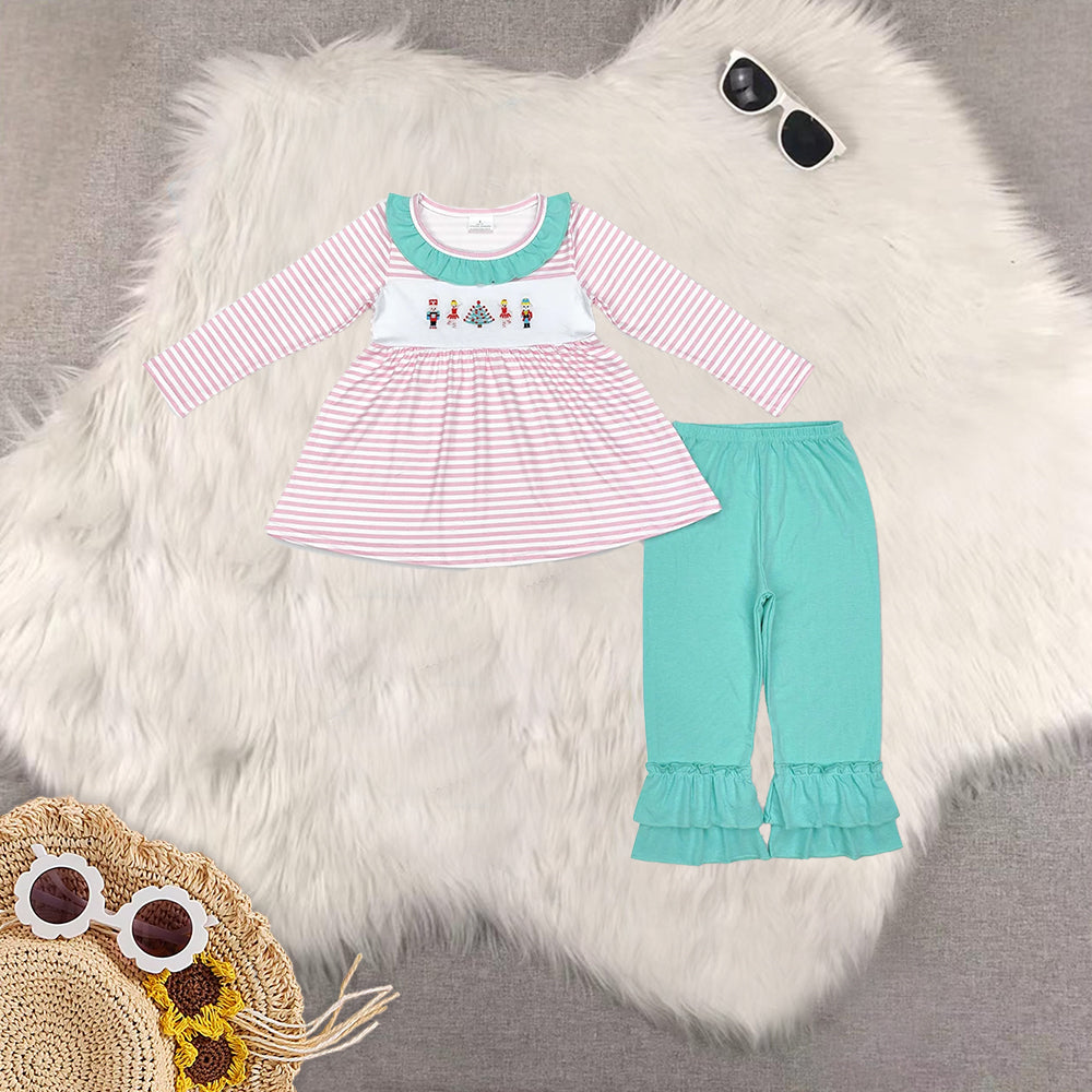 7.7 RTS NO MOQ Sibling Baby Girls Christmas Trees Soldier Tunic Ruffle Pant Outfits Clothes Sets