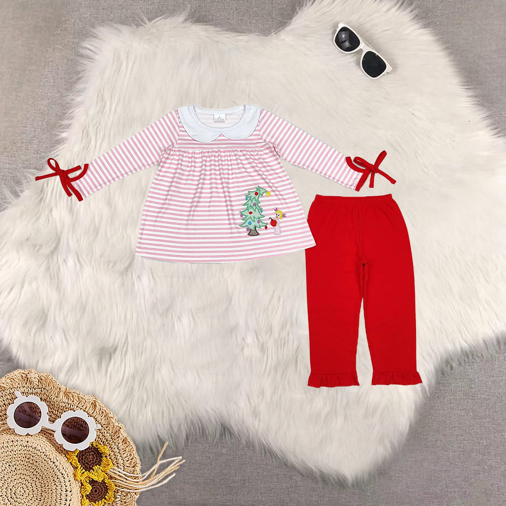 7.7 RTS NO MOQ Sibling Girls Boys Christmas Tree Dog Top Pants Clothes Sets
