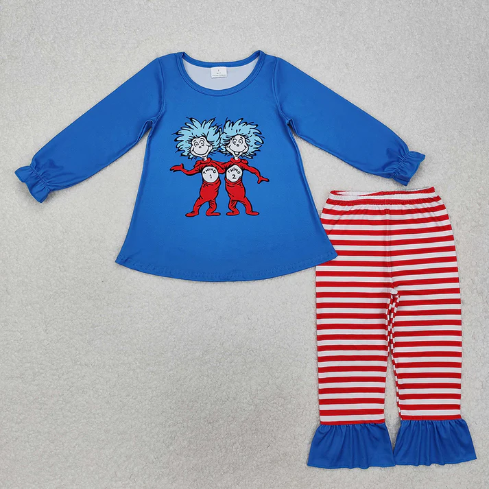 RTS NO MOQ Sibling Boys Baby Girls Long Sleeve Sets Blue Cat Hat Top Red Stripe Pants Clothes Suits