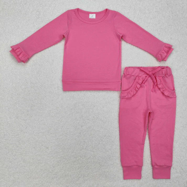 RTS NO MOQ Sibling Baby Girls Long Sleeve Sets Cotton Top Ruffle Pockets Pants Jogger Clothes Sets