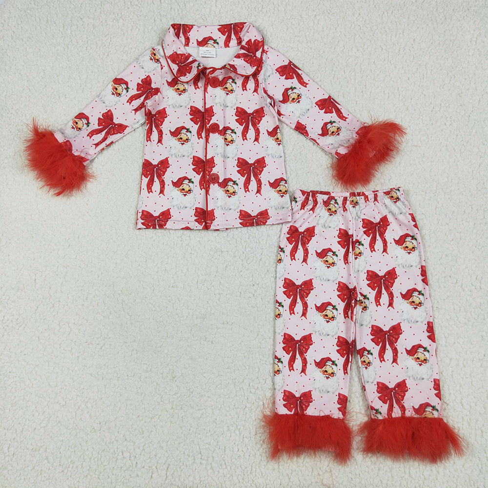 6.28 RTS NO MOQ Baby Girls Long Sleeve Outfits GLP2373 Red Christmas Fur Bows Santa Button Top Pants Pajamas Sets