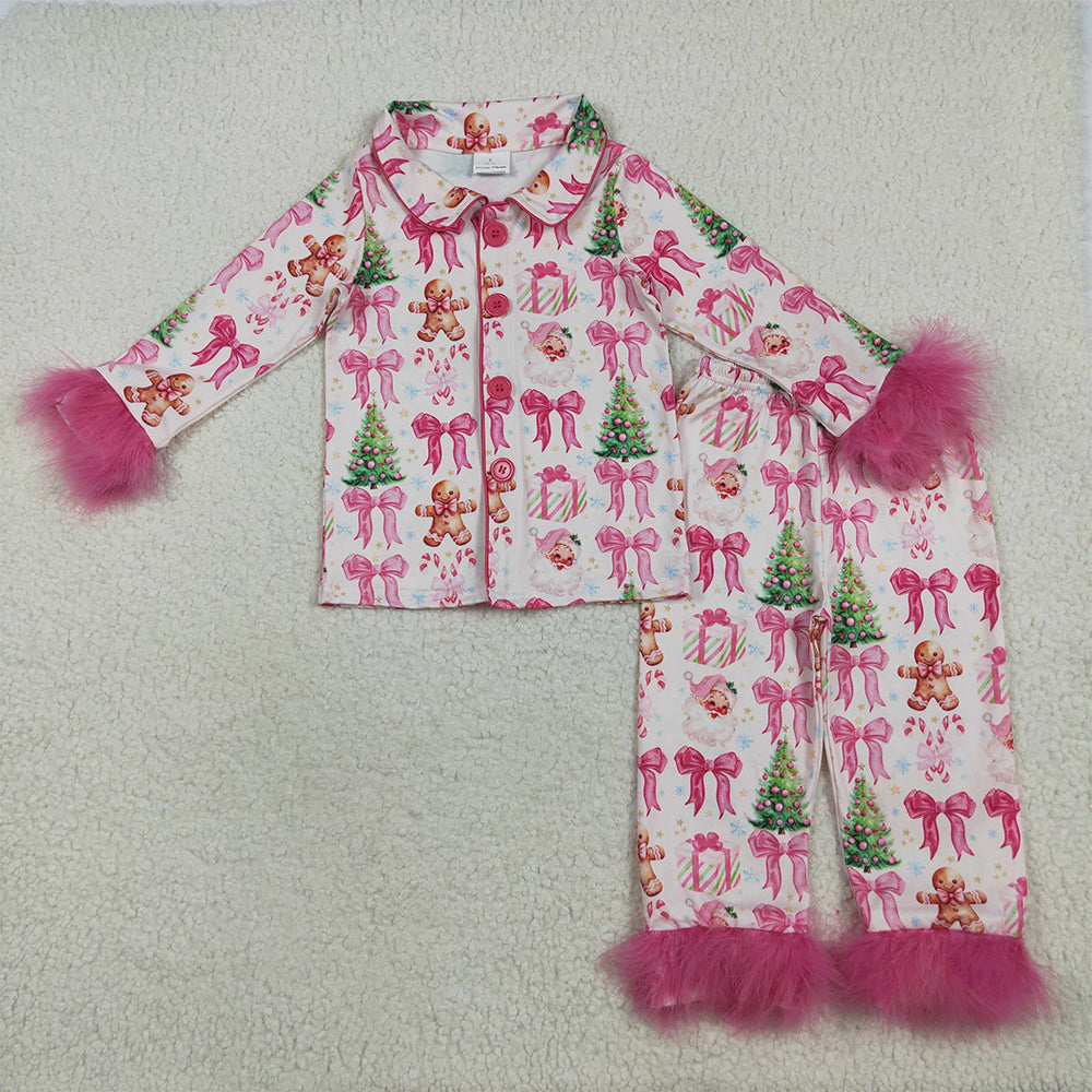 7.15 RTS NO MOQ Baby Girls Long Sleeve Outfits GLP2375 Christmas With Fur Bows Gingerbread Trees Button Top Pants Pajamas Sets