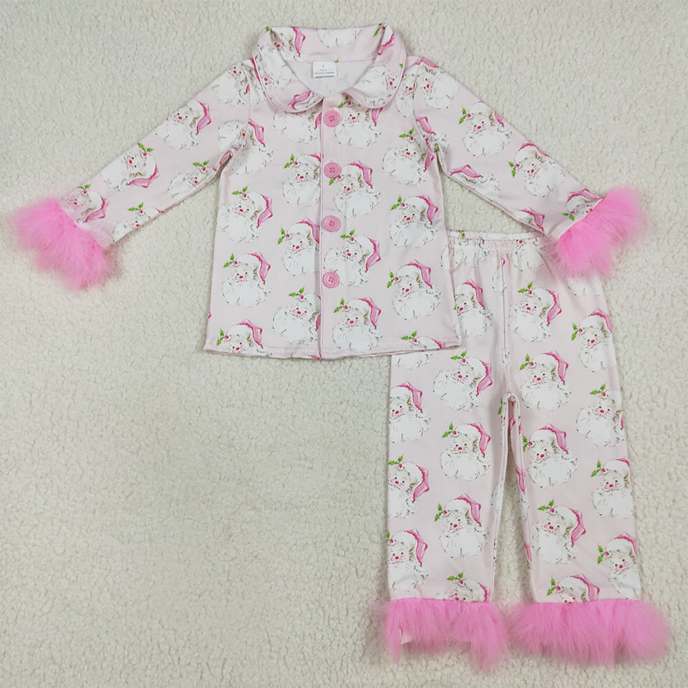 7.15 RTS NO MOQ Baby Girls Long Sleeve Outfits GLP2376 Pink Christmas With Fur Santa Button Top Pants Pajamas Sets
