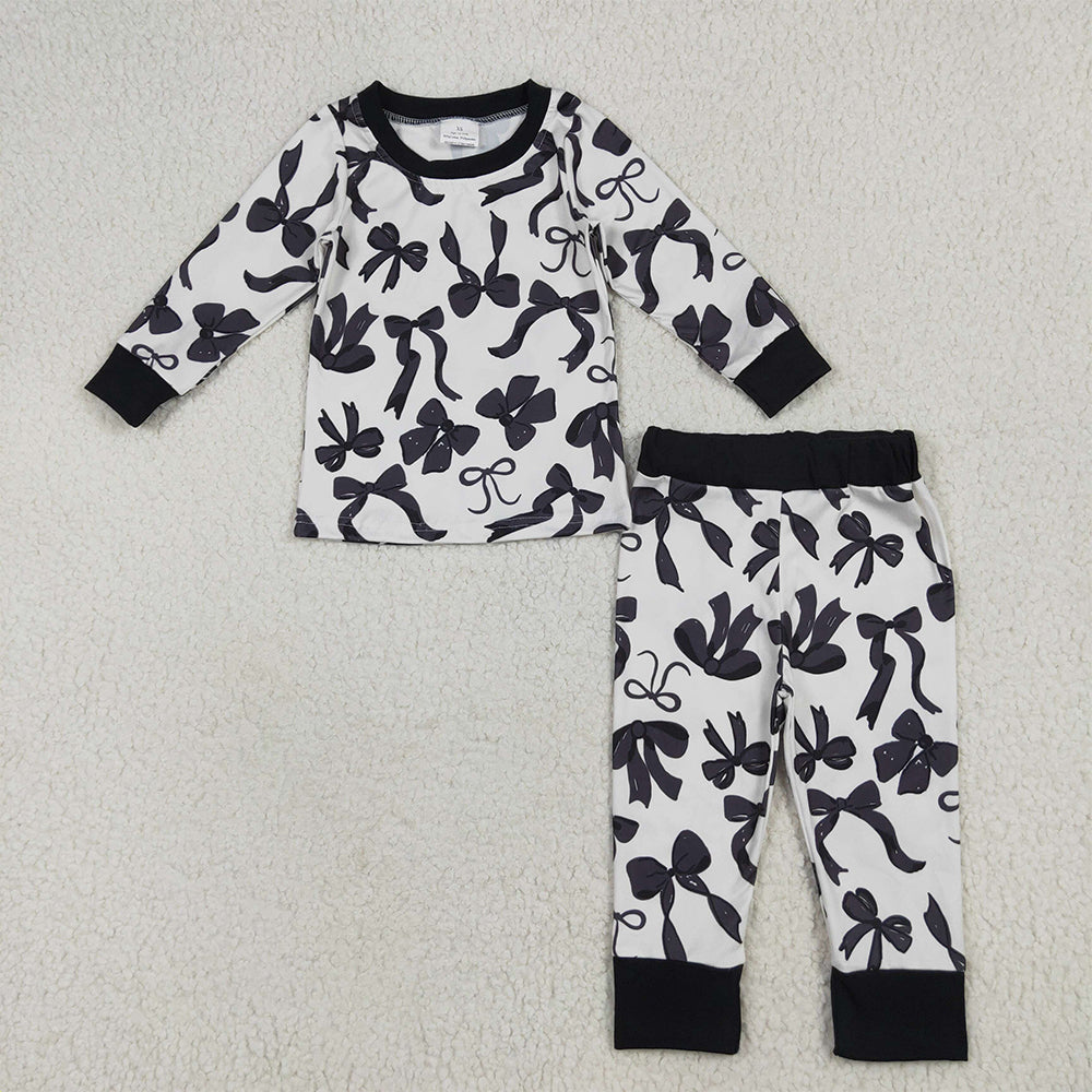 6.18 RTS NO MOQ Baby Girls Long Sleeve Outfits GLP2395 Long Sleeves Black Bows Top Pant Pajamas Sets