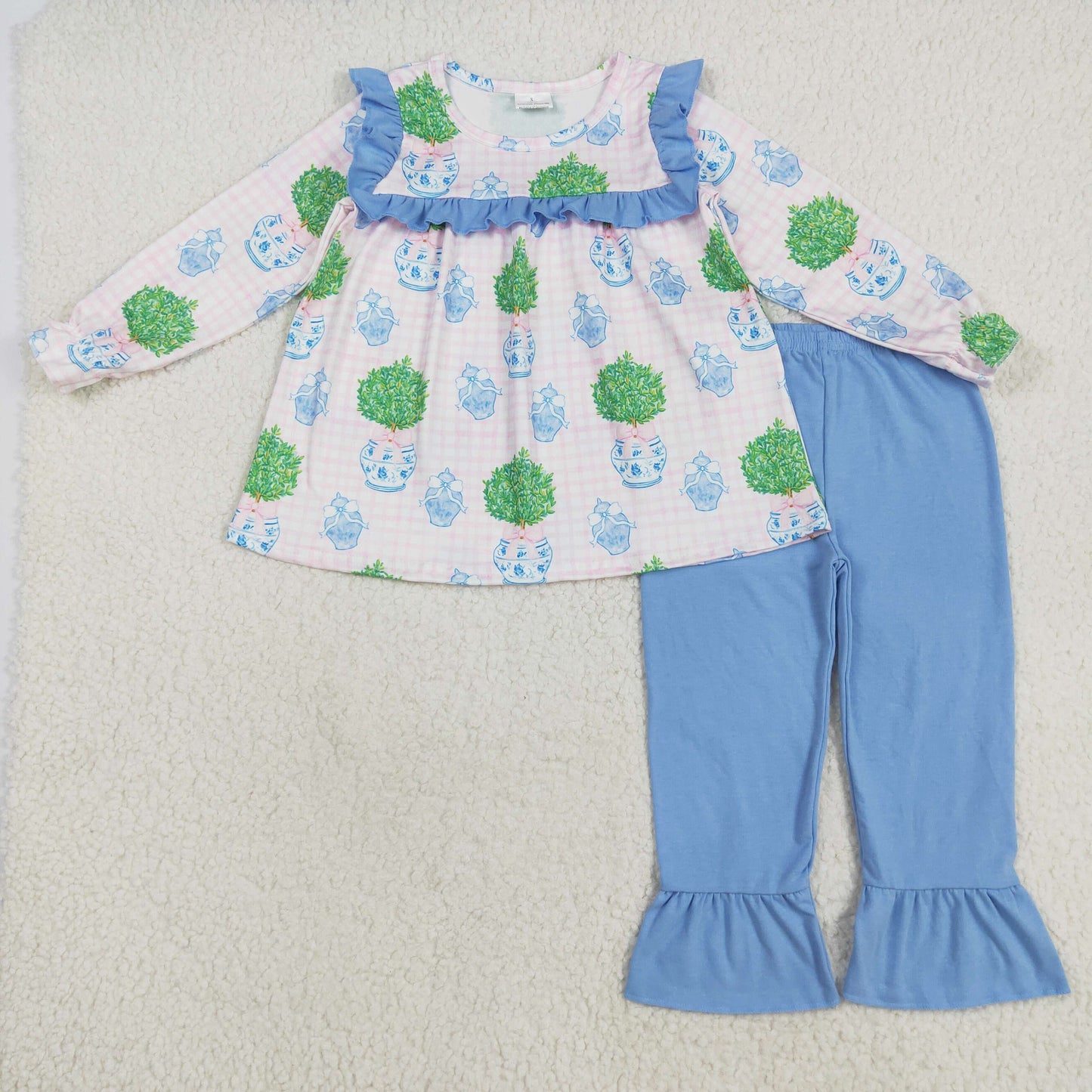 8.12 RTS NO MOQ Baby Girls Long Sleeve Outfits GLP2396 Pink Long Sleeves Plants Tunic Blue Ruffle Pants Sets