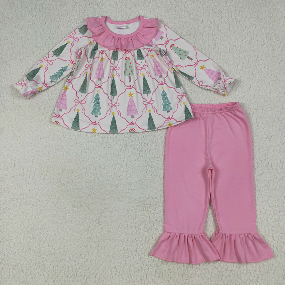 7.1 RTS NO MOQ Baby Girls Long Sleeve Outfits GLP2420 Long Sleeves Christmas Trees Bows Plaid Tunic Ruffle Pant Sets
