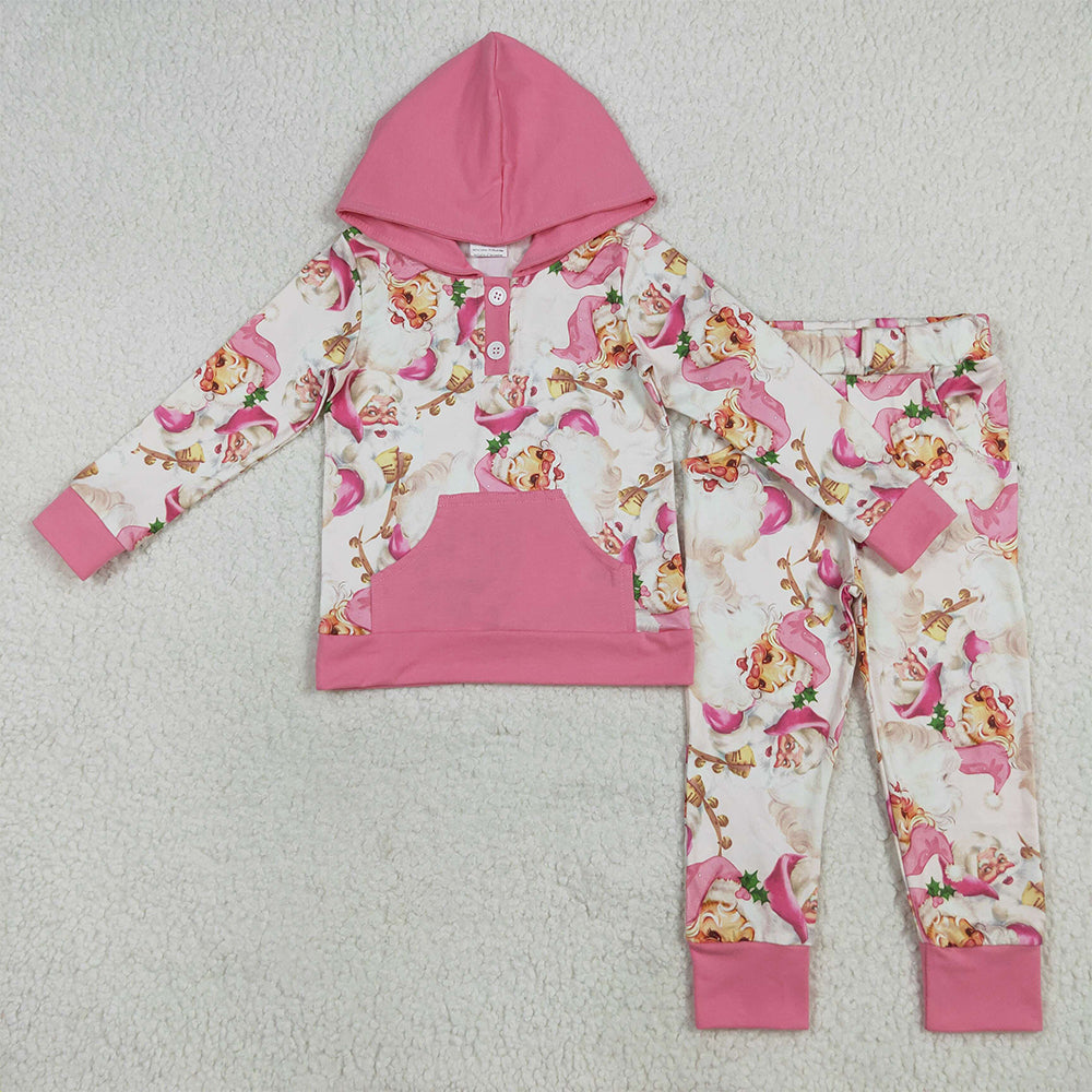 7.15 RTS NO MOQ Baby Girls Long Sleeve Outfits GLP2474 Pink Christmas Santa Button Hoodies Pockets Pant Sets