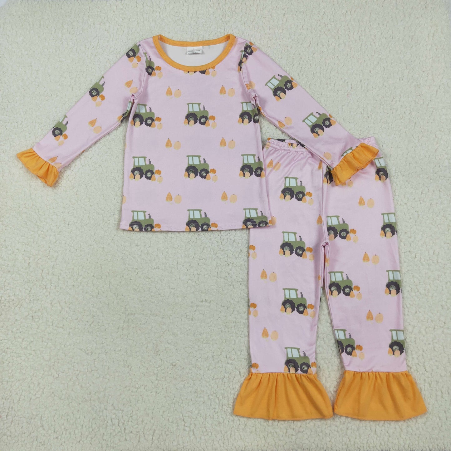 7.18 RTS NO MOQ Baby Girls Long Sleeve Outfits GLP2506 Pink Long Ruffle Sleeves Pumpkins Trucks Top Pant Pajamas Sets