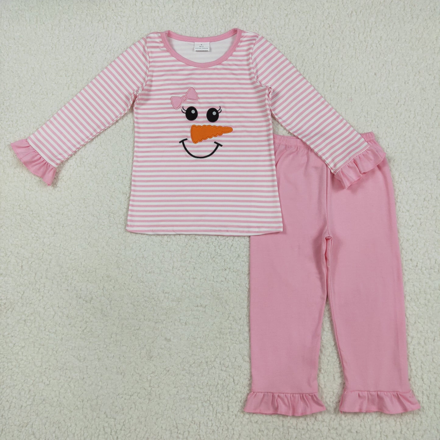 RTS Sibling Boys Girls Long Sleeves Embroidery Christmas Snowman Shirt Stripes Pants Outfit