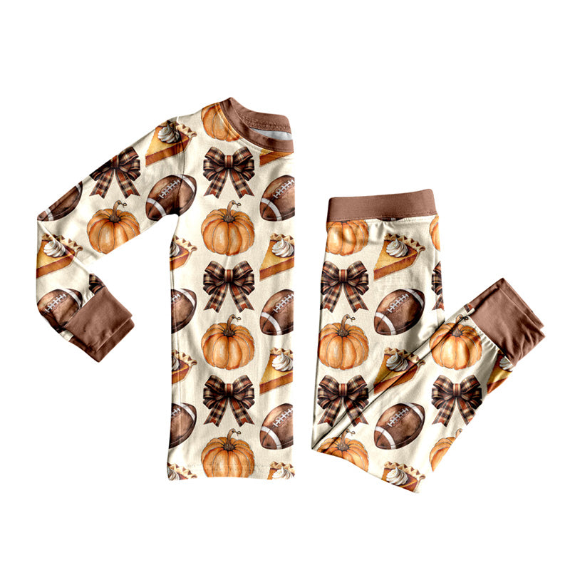 8.9 GLP2688 Baby Girls Footballs Bows Pie Top Pants Fall Pajamas Set Preorder
