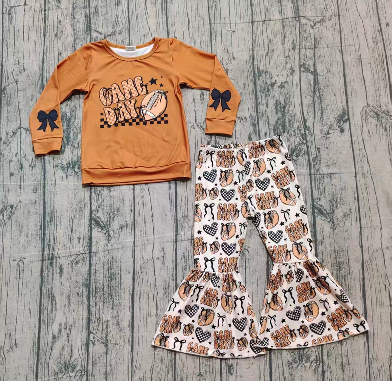 RTS Baby Girl Long Sleeves Game Day Brown Shirt Football Bows Pants Set